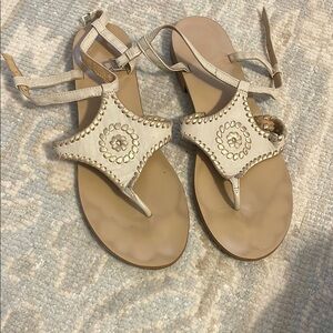 Jack Rogers Cream Sandals with Ornate Medallion Design